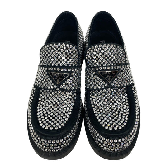 PRADA loafers leather black Triangle Plate Crystal chocolate mens 7