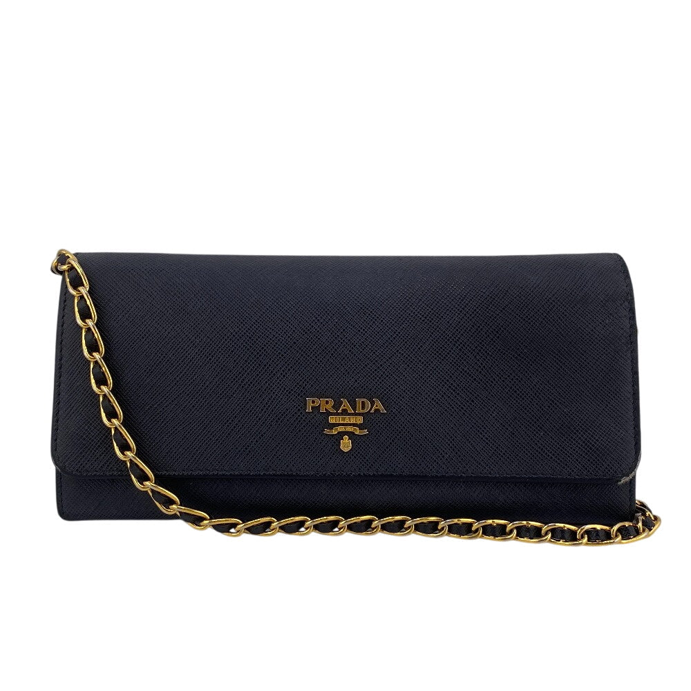 PRADA Long Wallet Purse leather black Shoulder Bag Safiano Chain wallet Women