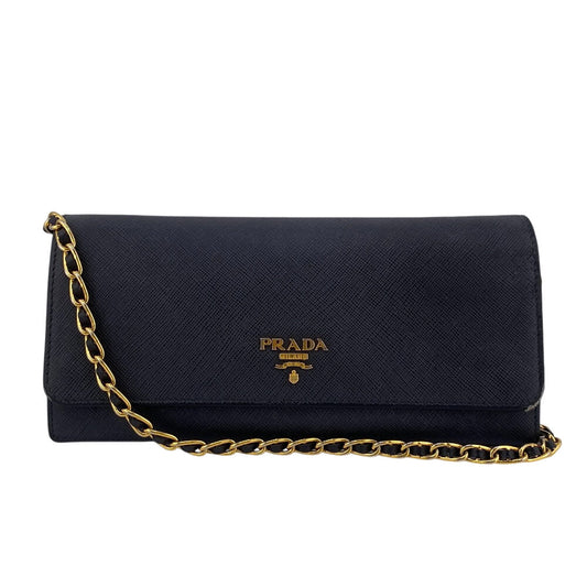 PRADA Long Wallet Purse leather black Shoulder Bag Safiano Chain wallet Women
