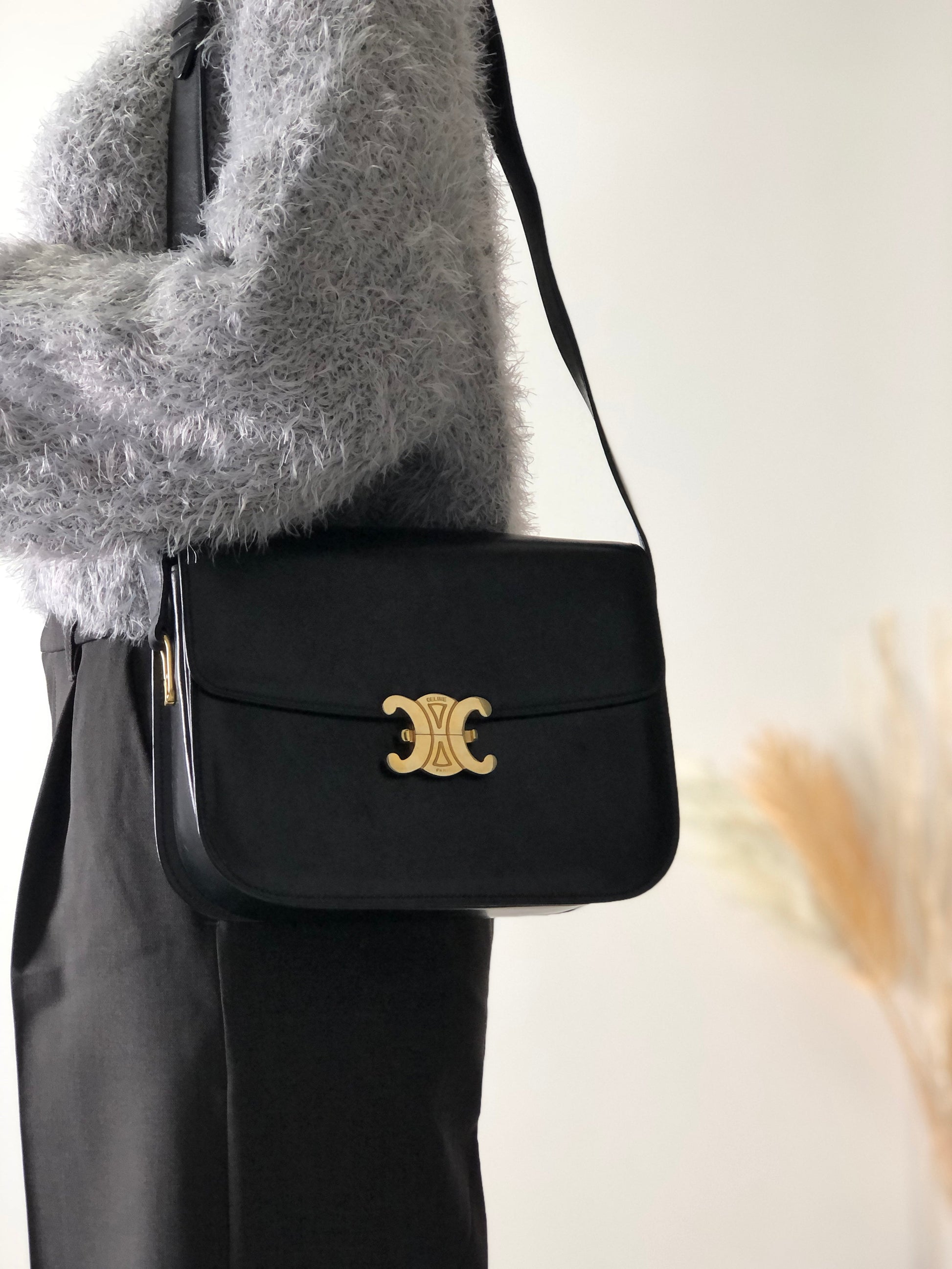 CELINE Triomphe Leather Crossbody Shoulder bag Black iv4xyc