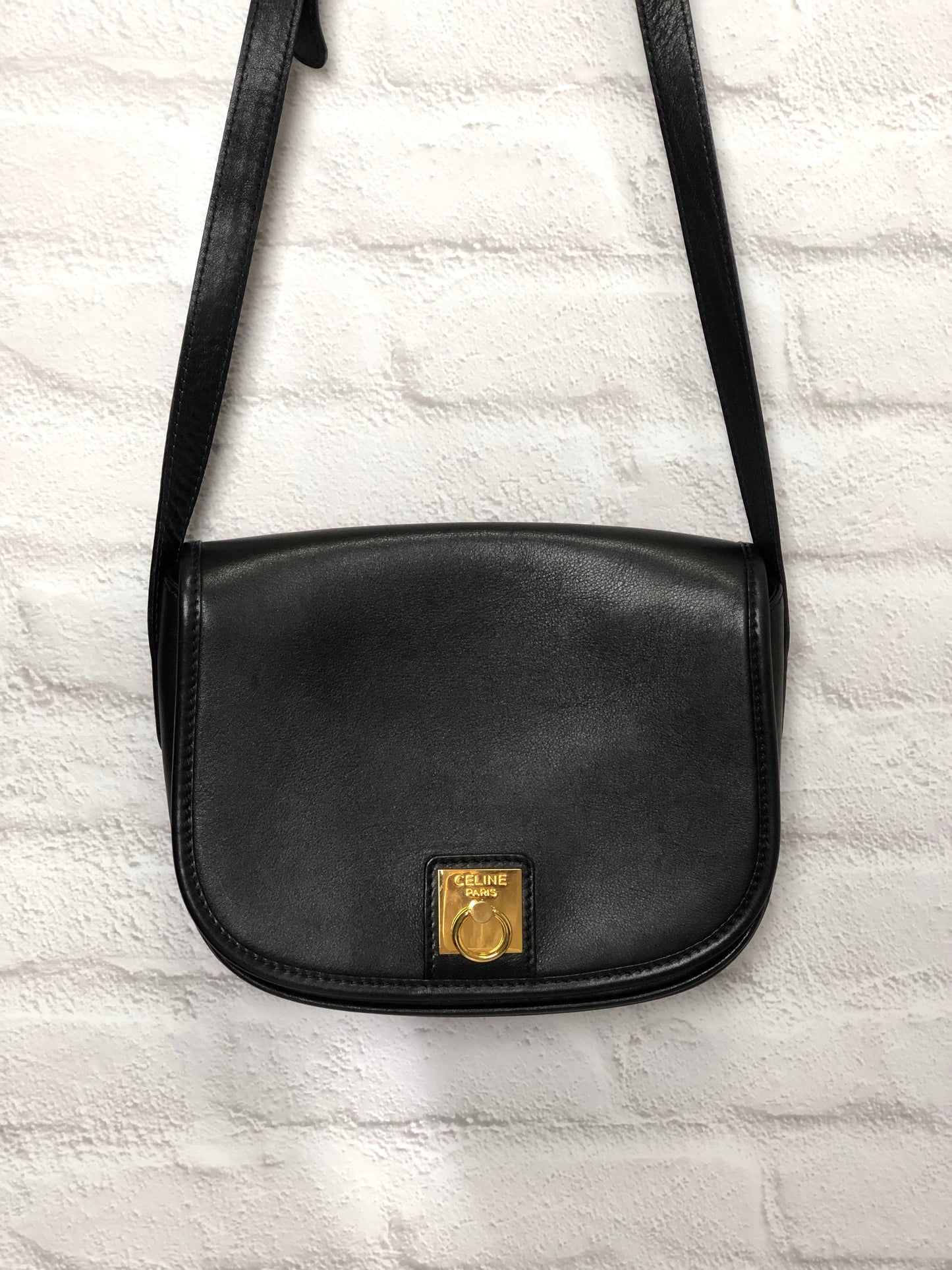 CELINE Gancini Flap Leather Shoulder bag Round bag Black btrkh7