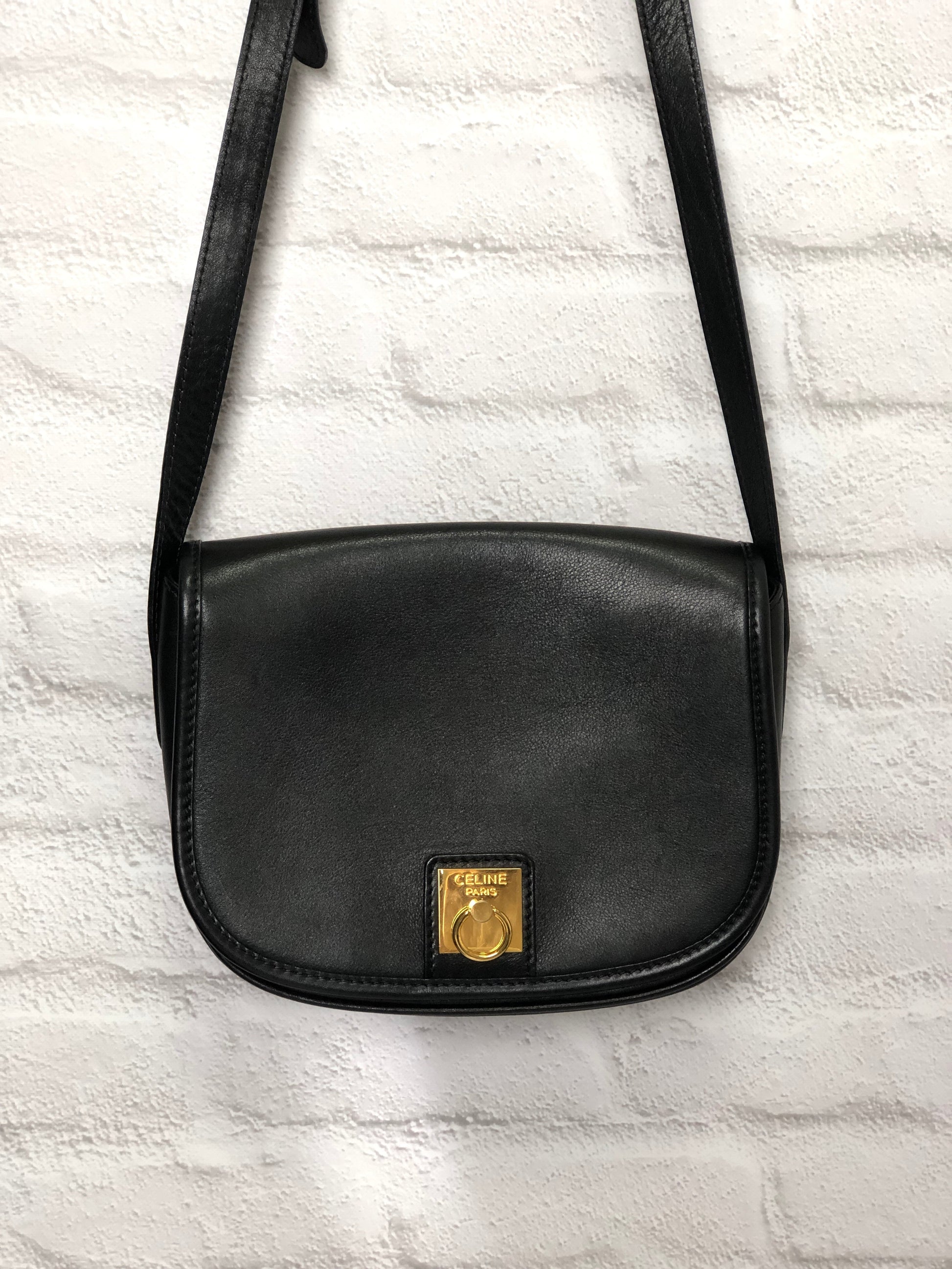 CELINE Gancini Flap Leather Shoulder bag Round bag Black btrkh7