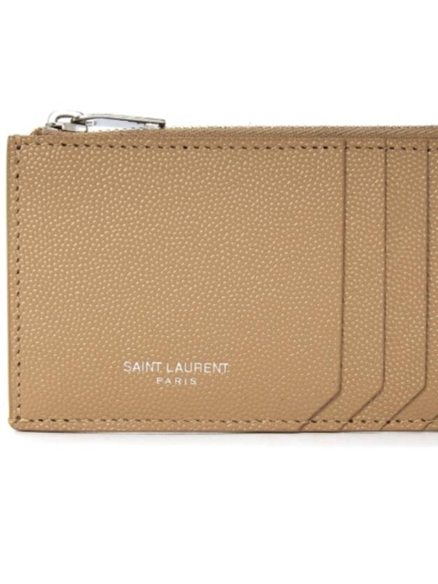 Luxury Saint Laurent Trending 2026 Logo Print Pebbled Leather Card Wallet Brown
