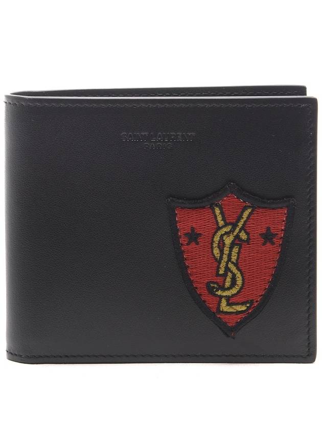 Luxury Saint Laurent Trending 2026 Embroidery Shield Logo Half Wallet Black