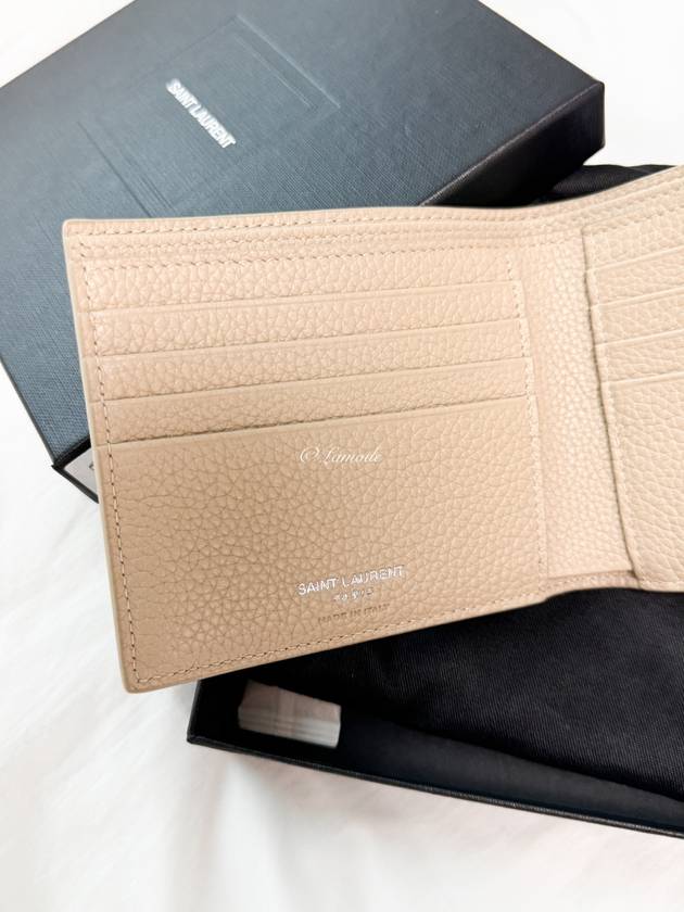 Luxury Saint Laurent Trending 2026 Tiny Cassandre Logo Plaque Half Wallet Beige