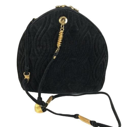 Fendi, black quilted suede with a 'pasta' or ' ' design, two way, sling style- clutch or cross body bag with gold 'pasta' accent beads