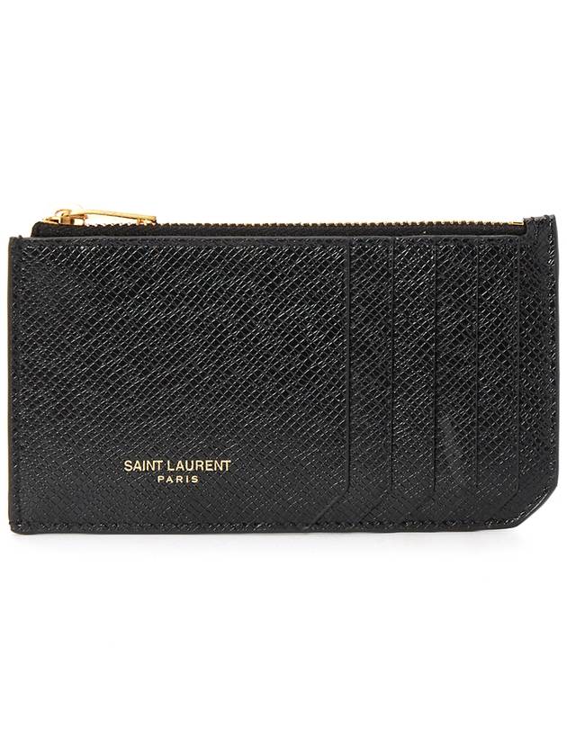 Luxury Saint Laurent Trending 2026 Coated Bark Leather Fragment Zipper Card Wallet Black