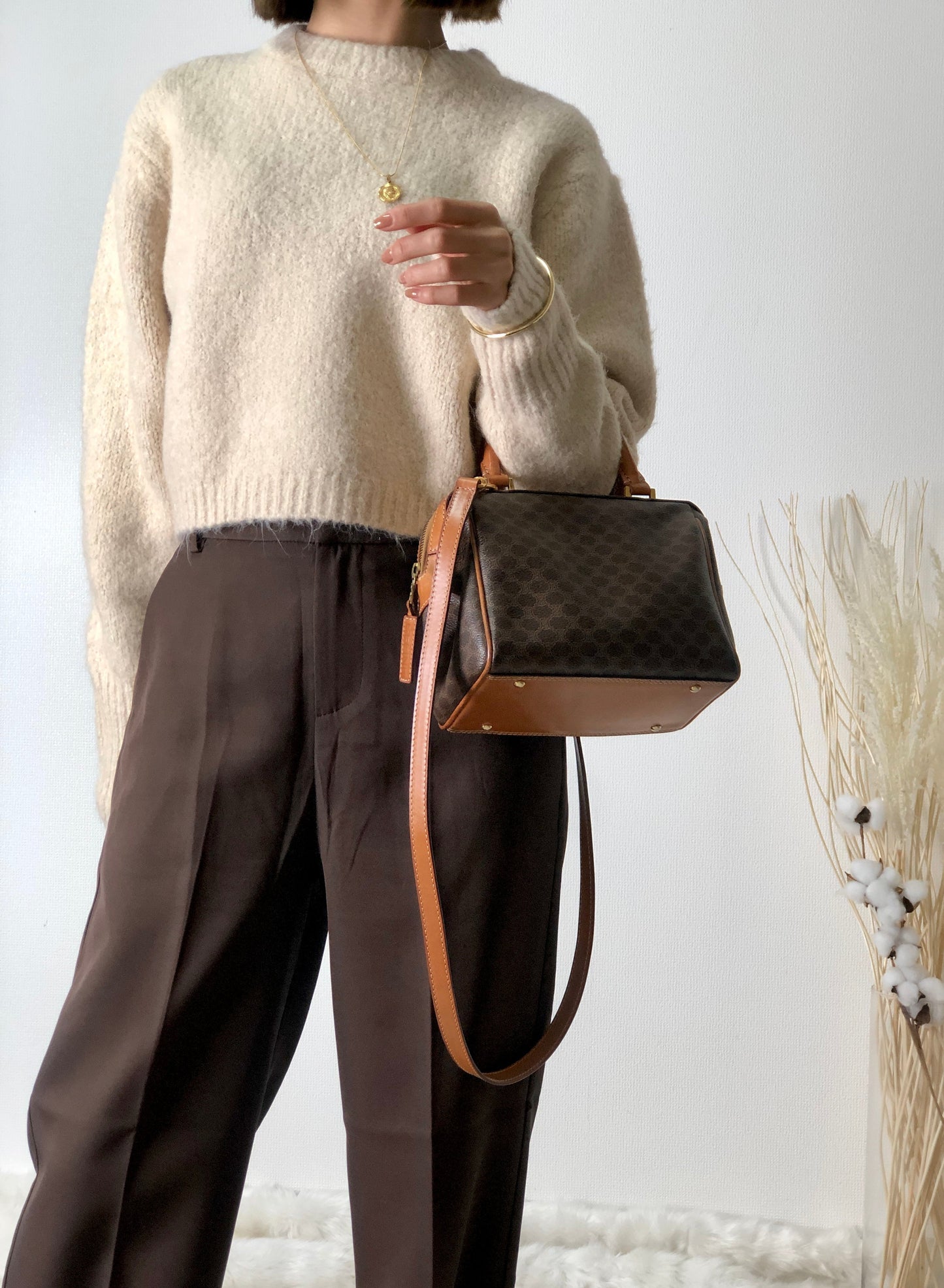 CELINE Macadam Two-way Handbag Shoulder bag Brown abjhud