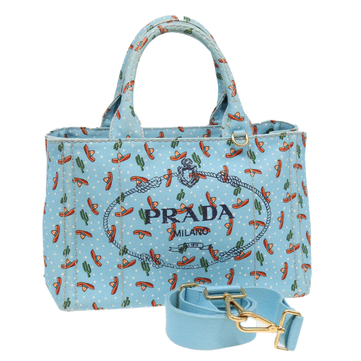 PRADA Canapa PM Hand Bag Canvas 2way Blue Auth