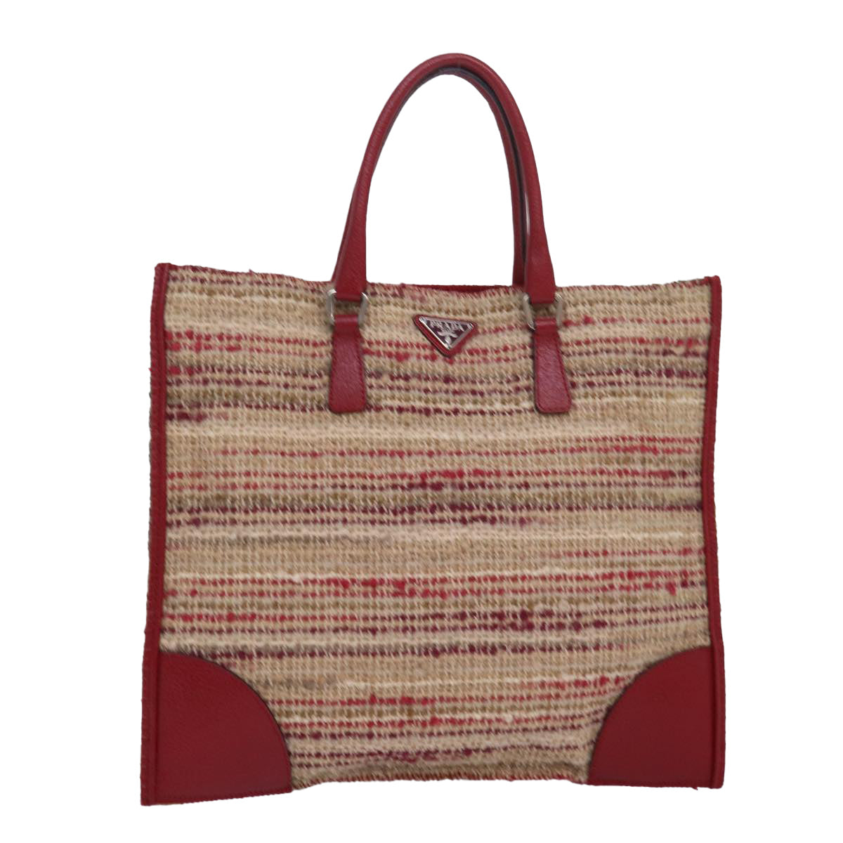 PRADA Hand Bag Wool Beige Red Auth