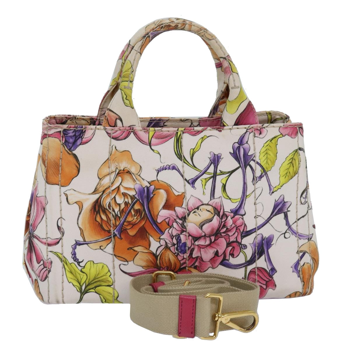 PRADA Flower Pattern Canapa PM Hand Bag Canvas 2way Multicolor Auth