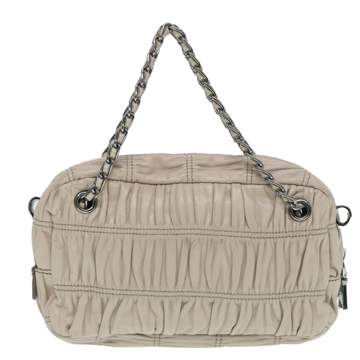 PRADA Gathered Hand Bag Leather 2way Beige Silver Auth