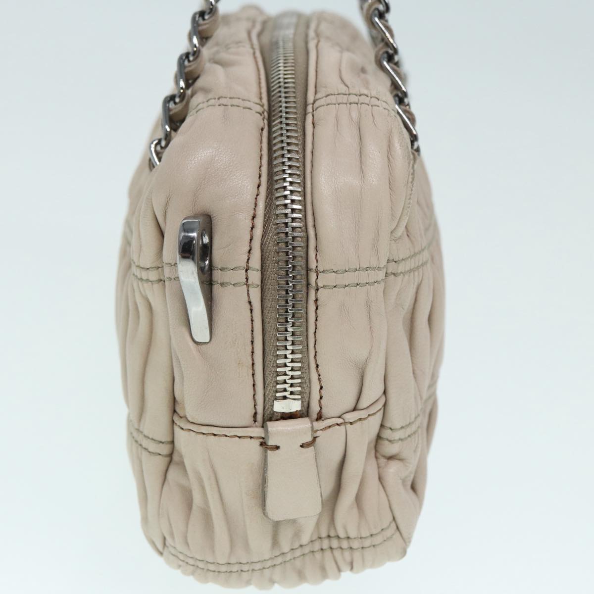 PRADA Gathered Hand Bag Leather 2way Beige Silver Auth