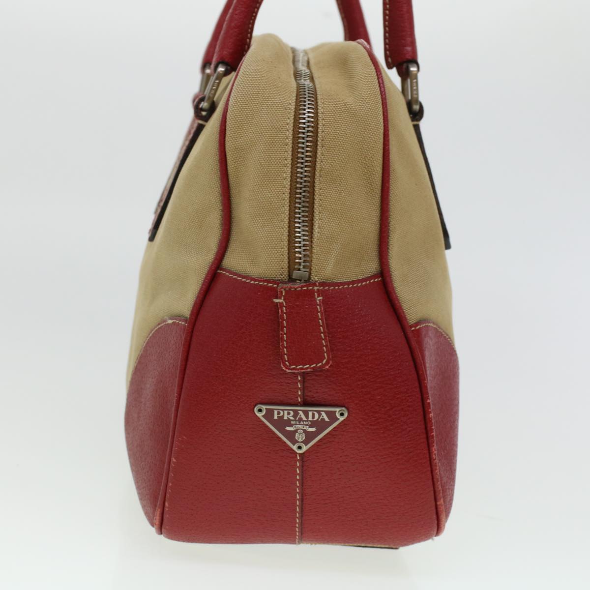 Prada Shoulder Bag Canvas Leather Beige Red