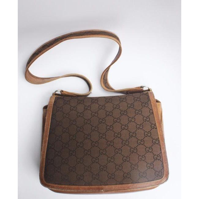 Gucci Envelope Saddle Leather Canvas Shoulder Bag