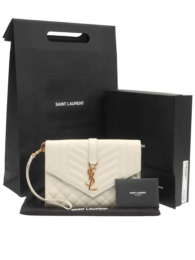 Luxury Saint Laurent Trending 2026 Blanc Vintage White Grande Poudre Embossed Gold Monogram Envelope Strap Clutch