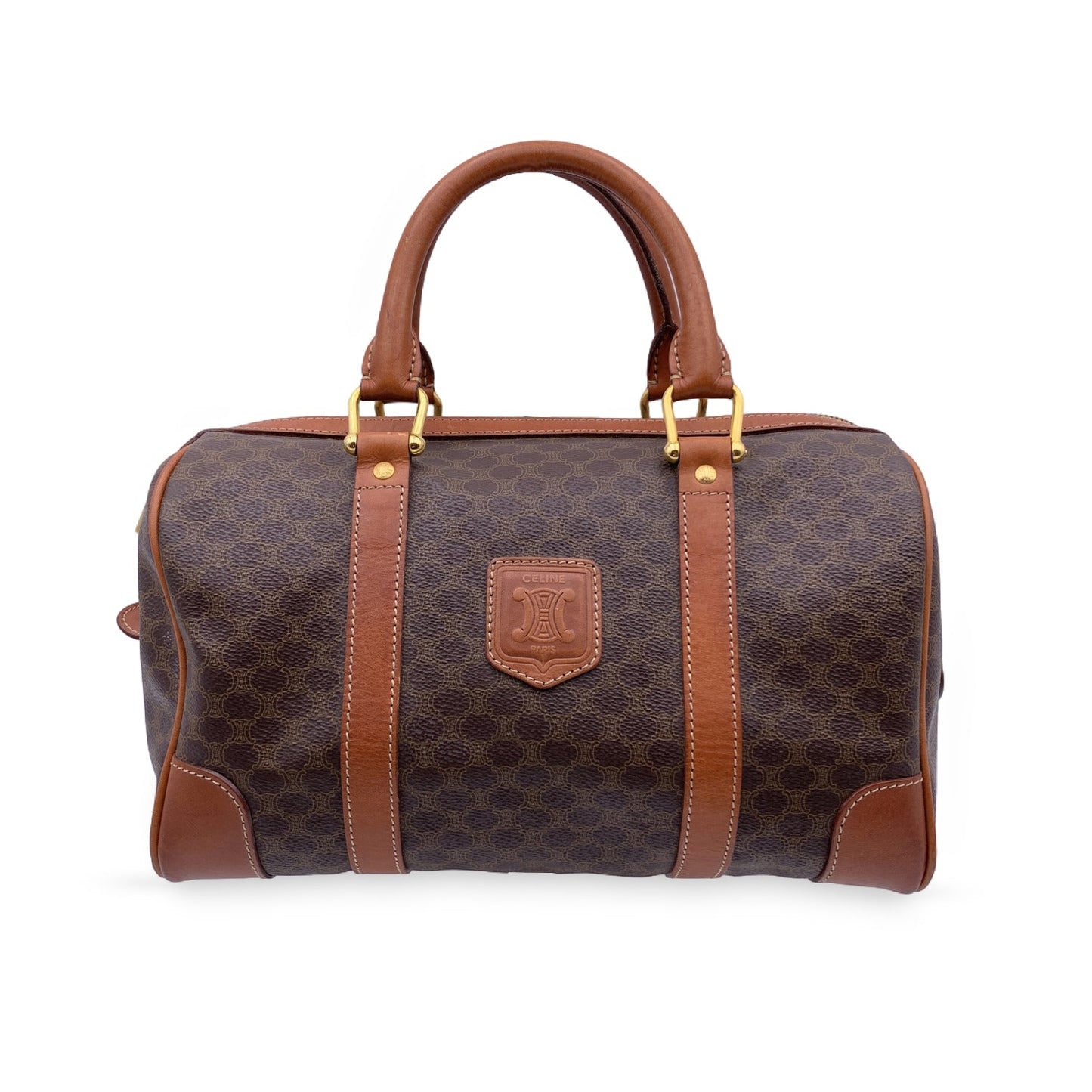 Luxury CELINE Brown Macadam Canvas Boston Bag Duffel Duffle
