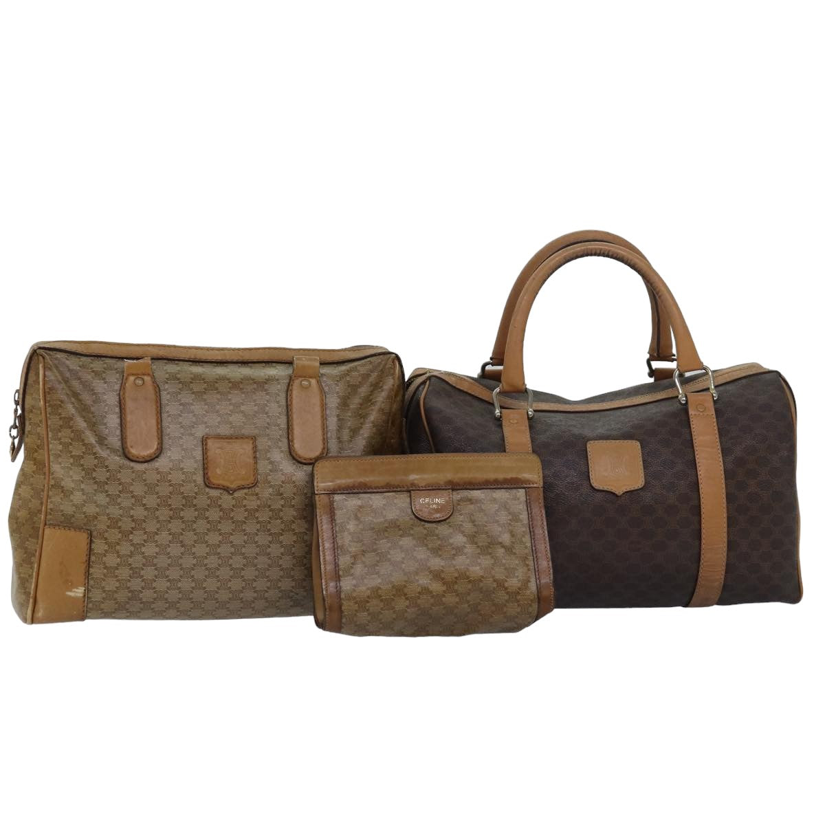 Luxury CELINE Macadam Canvas Pouch Hand Bag PVC Leather 3Set Beige Brown 14082