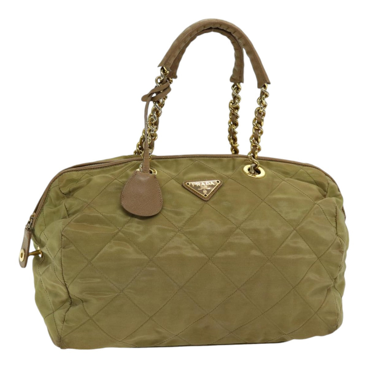 PRADA Chain Hand Bag Nylon Beige Gold Auth