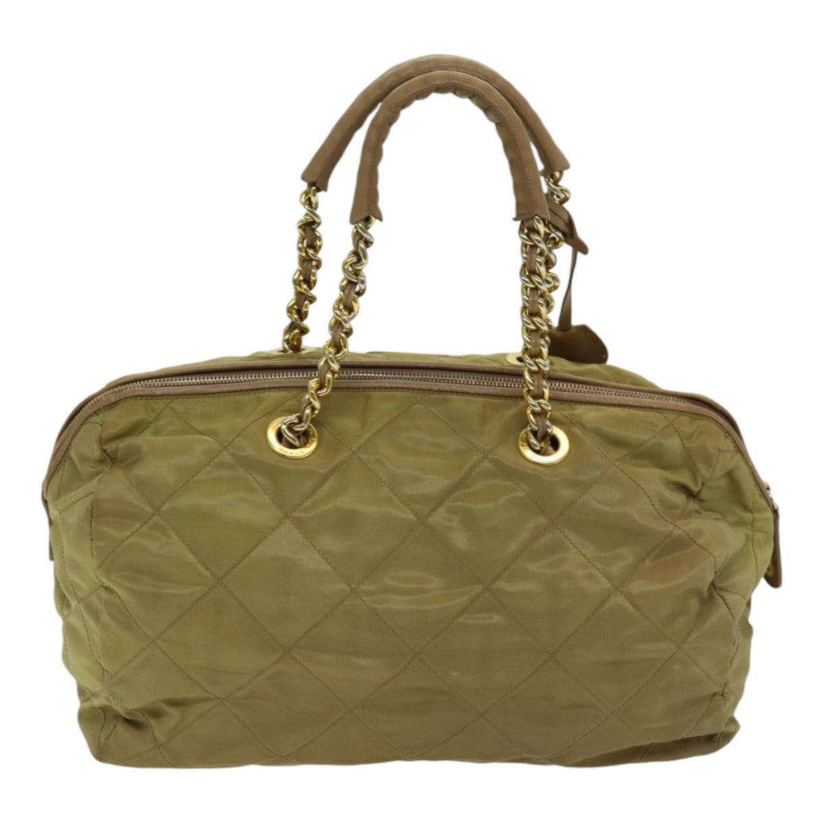PRADA Chain Hand Bag Nylon Beige Gold Auth