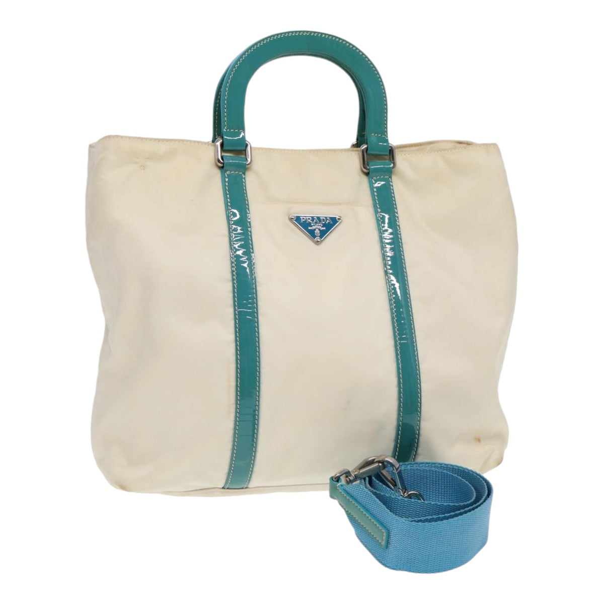 PRADA Hand Bag Nylon 2way White Turquoise Blue Auth