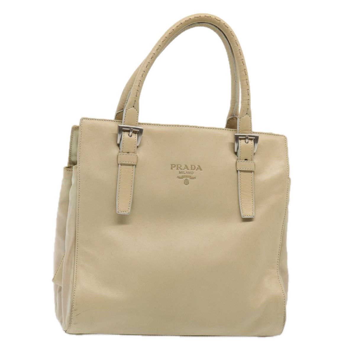 PRADA Hand Bag Leather Beige Auth