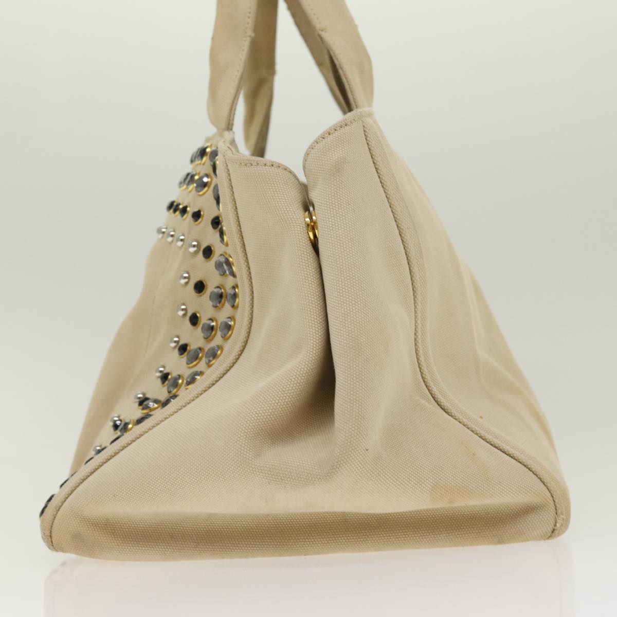 PRADA Canapa MM Hand Bag Canvas Beige Gold Auth