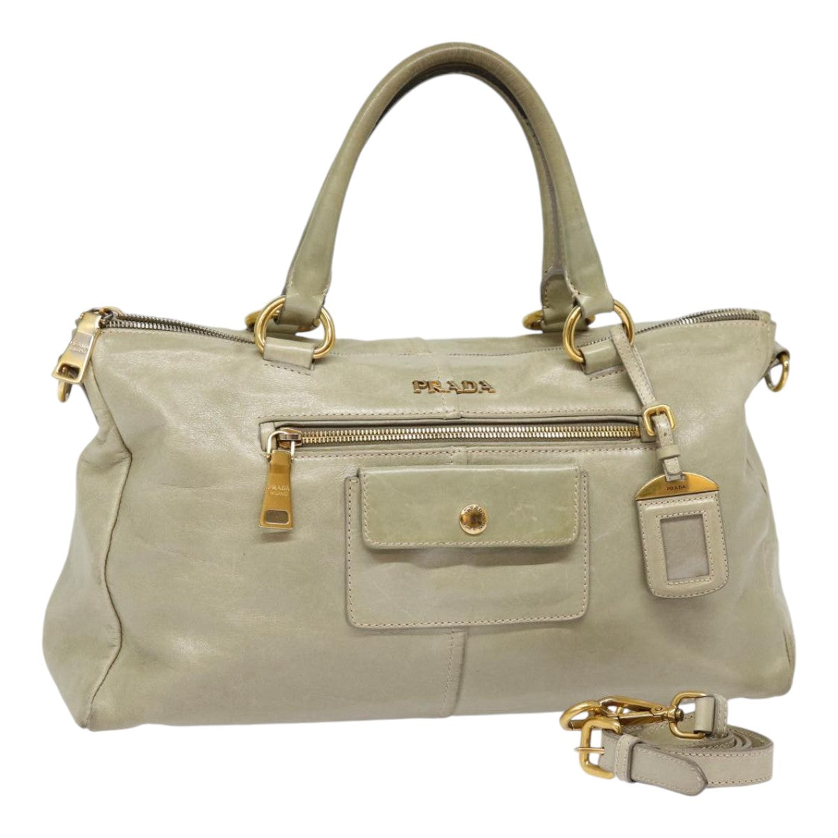 PRADA Hand Bag Leather 2way Gray Gold Auth