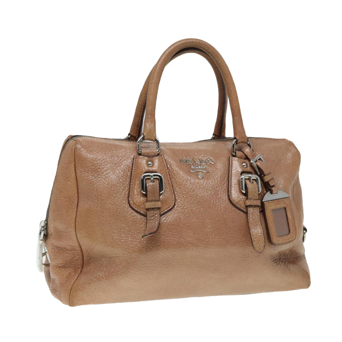 PRADA Hand Bag Leather Beige Silver Auth