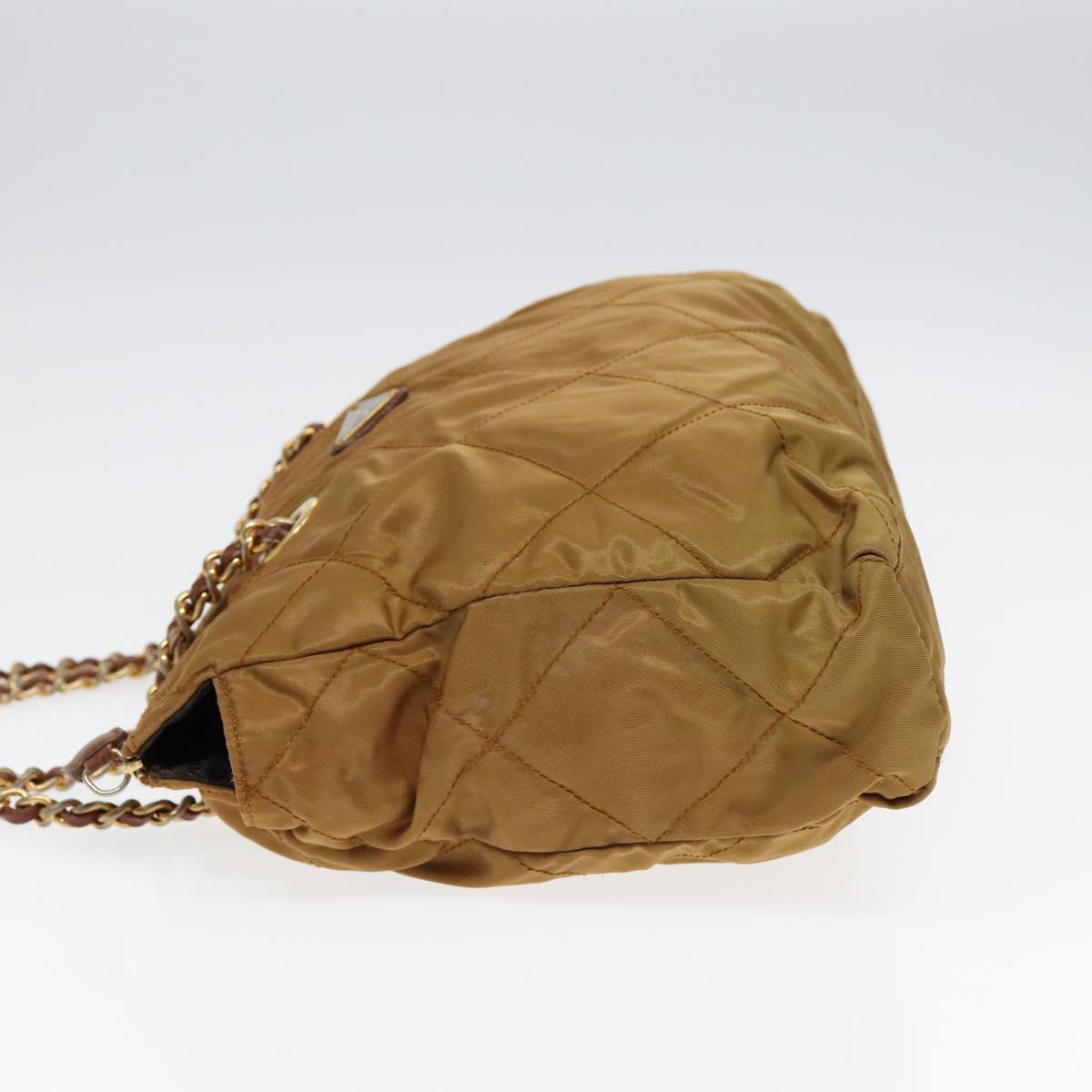 PRADA Chain Shoulder Bag Nylon Brown Gold Auth