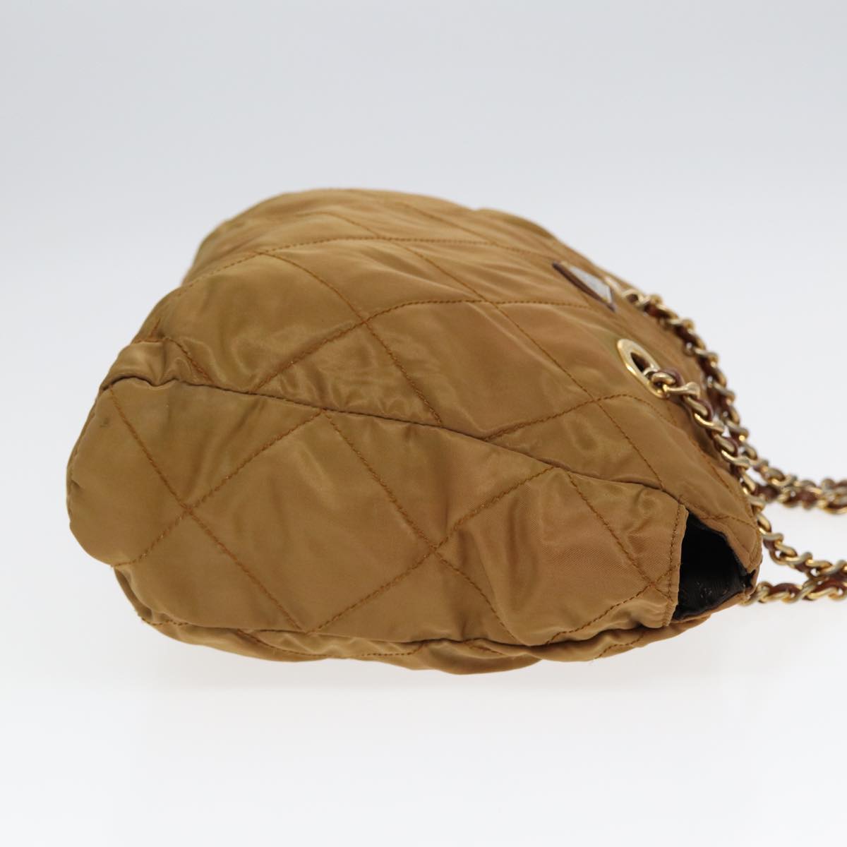 PRADA Chain Shoulder Bag Nylon Brown Gold Auth