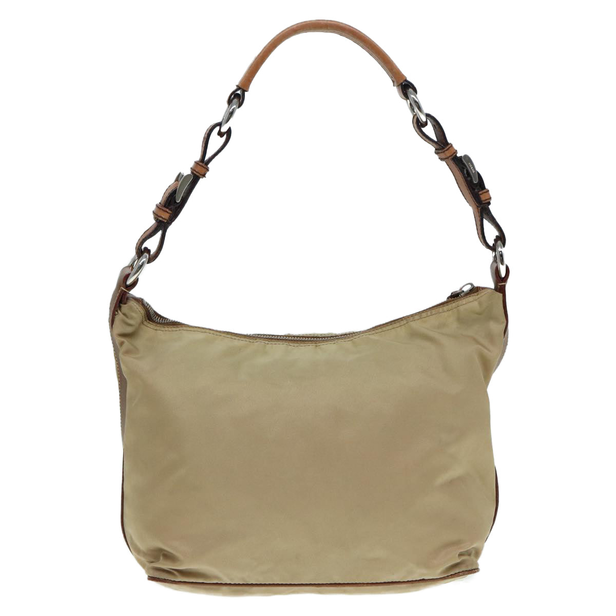 PRADA Shoulder Bag Nylon Leather Beige Silver Auth
