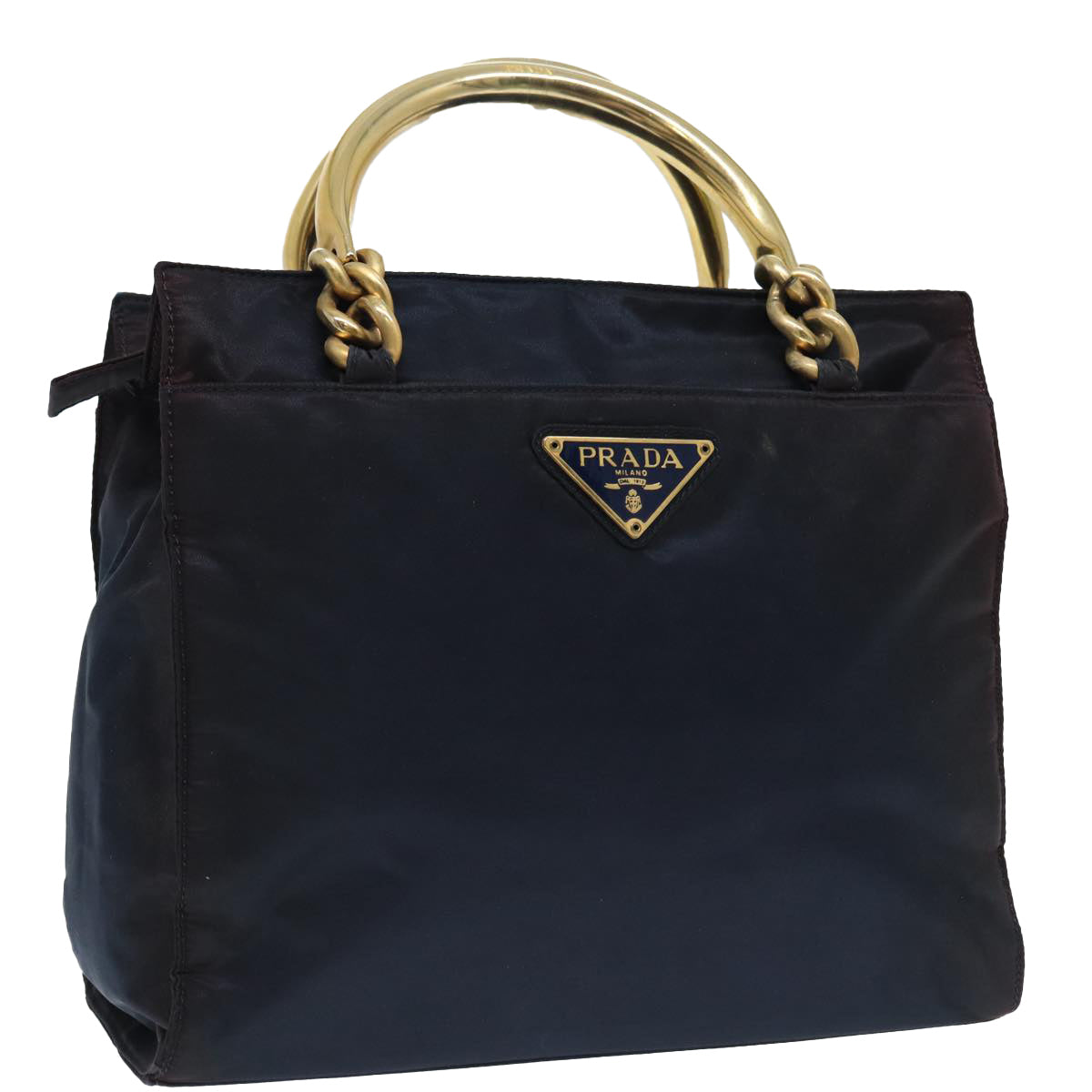 PRADA Hand Bag Nylon Navy Gold Auth