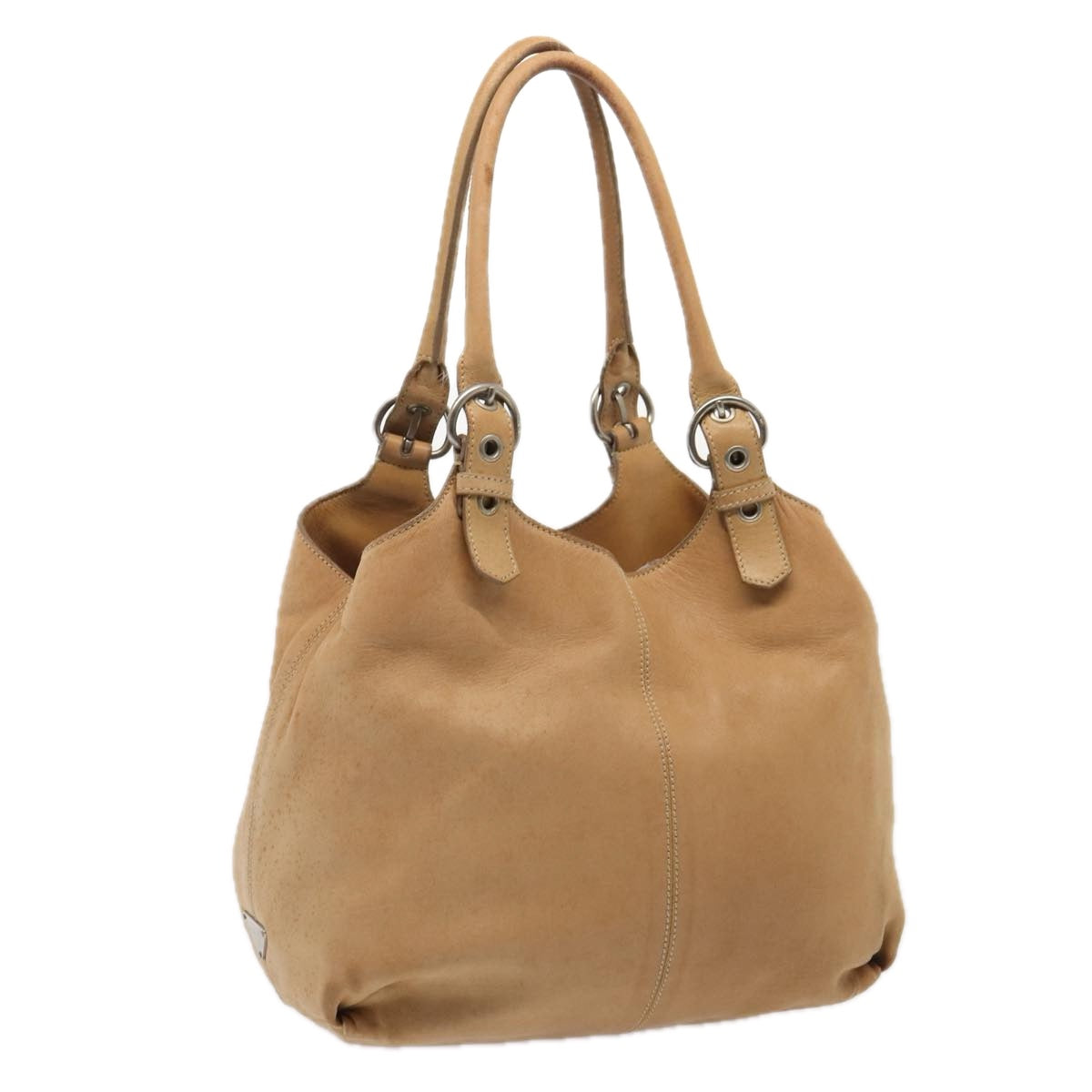 PRADA Shoulder Bag Leather Beige Silver Auth