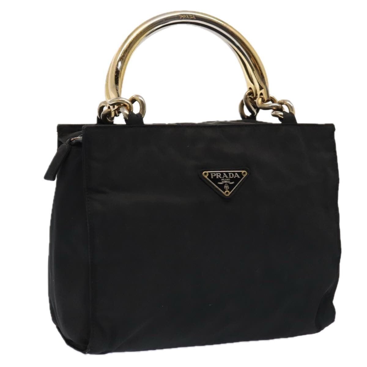 PRADA Hand Bag Nylon Black Gold Auth