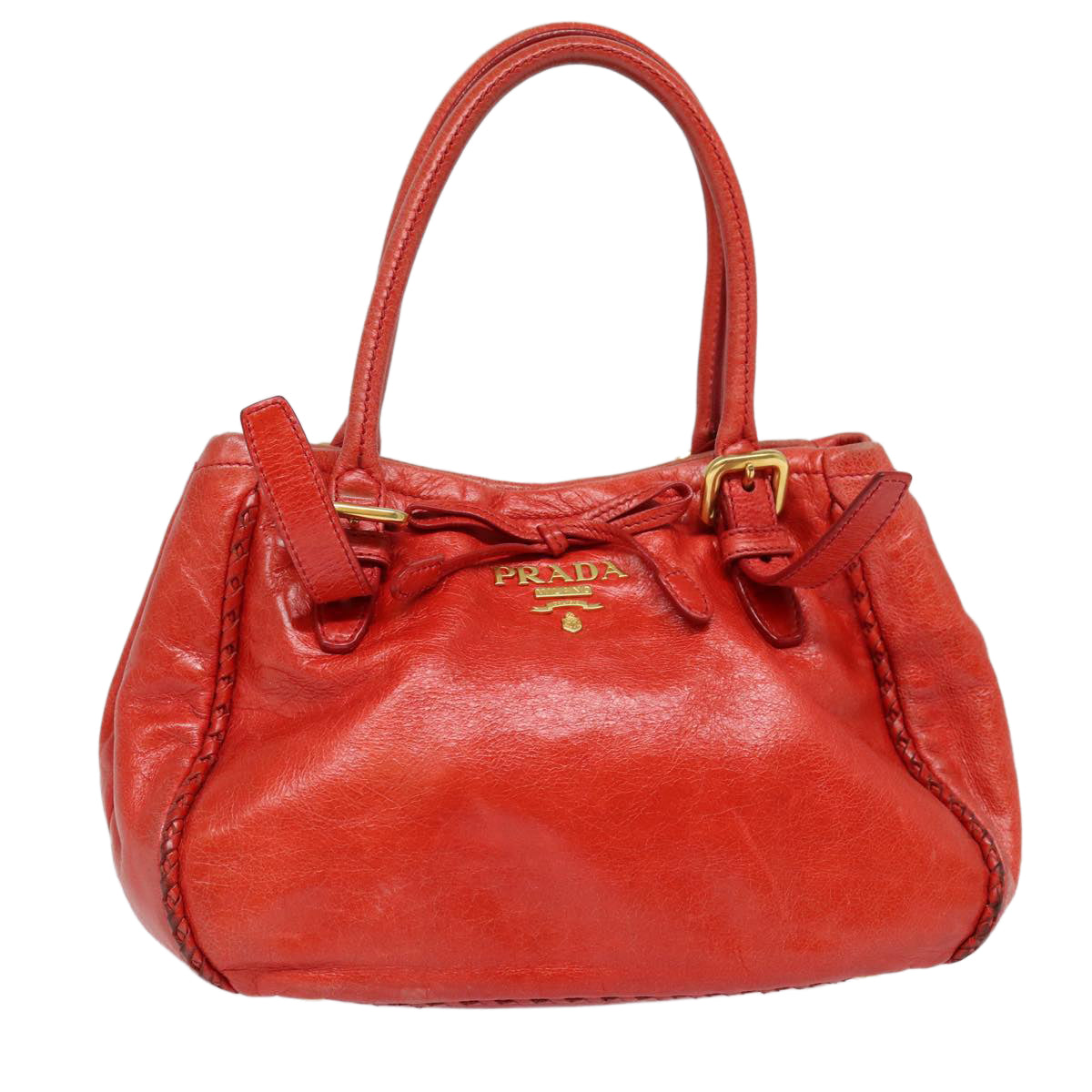 PRADA Hand Bag Leather Red Gold Auth