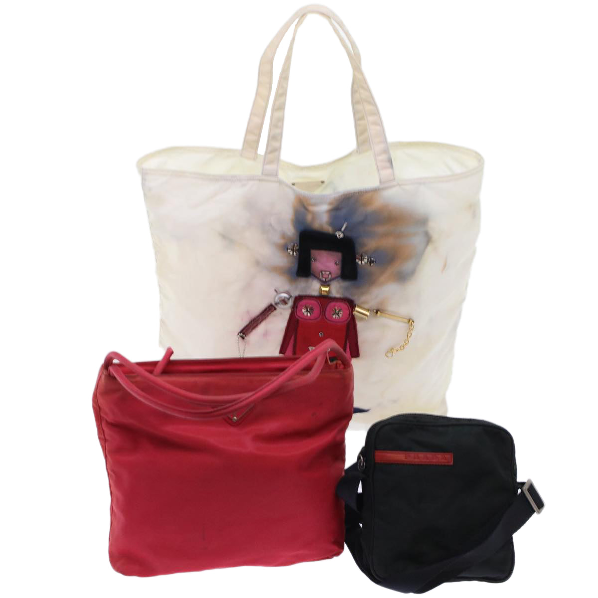 PRADA Shoulder Bag Nylon 3Set White Red Black Auth