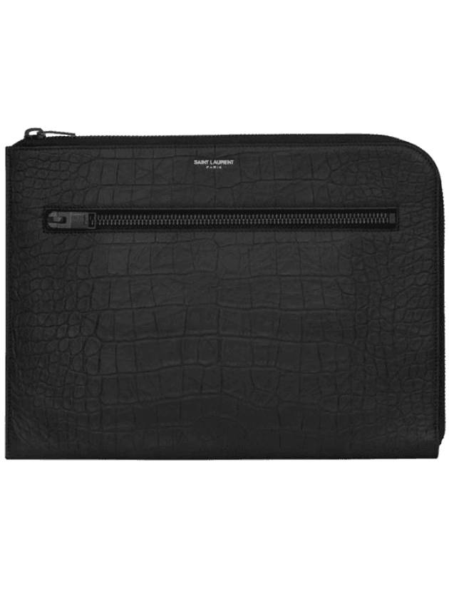 Luxury Saint Laurent Trending 2025 Zipper Detail Logo Crocodile Clutch Bag Black