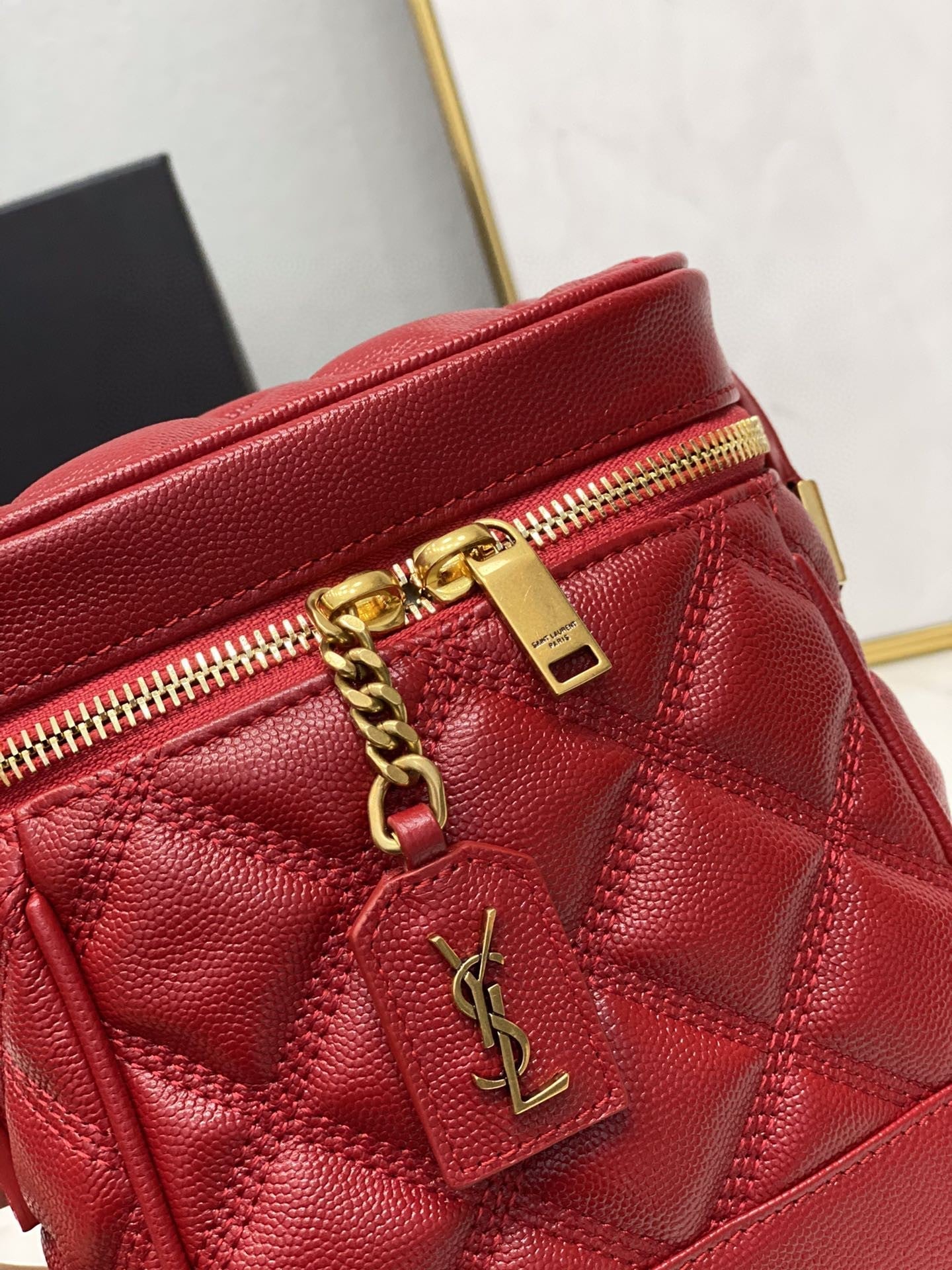 Yves Saint Laurent Vanity Bag In Carr Quilted Grain De Poudre Red.4in/.5cm