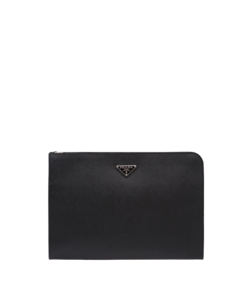 Prada Saffiano Leather Document Holder Triangle Logo Black Luxury Handbag