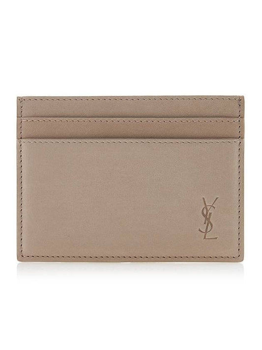 Luxury Saint Laurent Trending 2026 Cassandre Debossed Logo Leather Card Wallet Beige