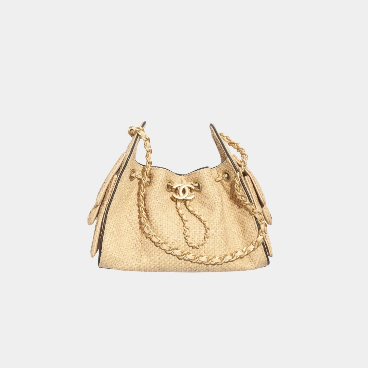 Chanel 25 Mini Handbag Braided Raffia Calfskin & Gold Tone Metal