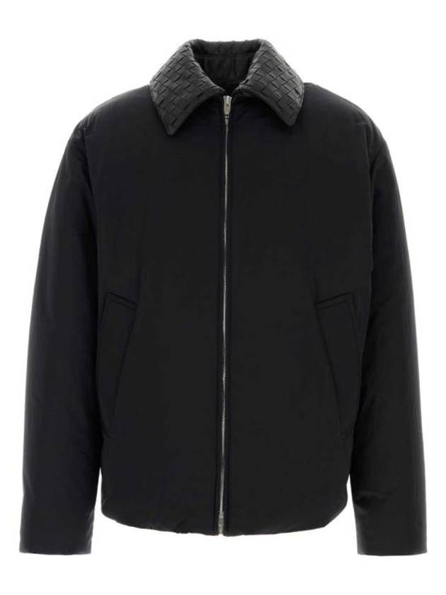 Luxury Bottega Veneta Intrecciato Leather Collar Tech Nylon Puffer Jacket Black