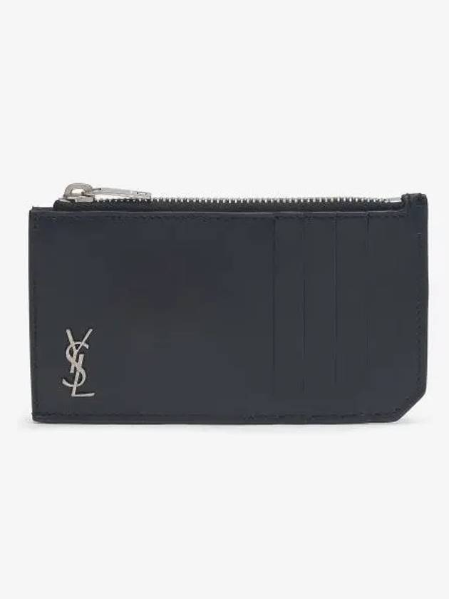 Luxury Saint Laurent Trending 2026 Tiny Cassandre Fragments Silver Hardware Leather Zipper Card Wallet Black