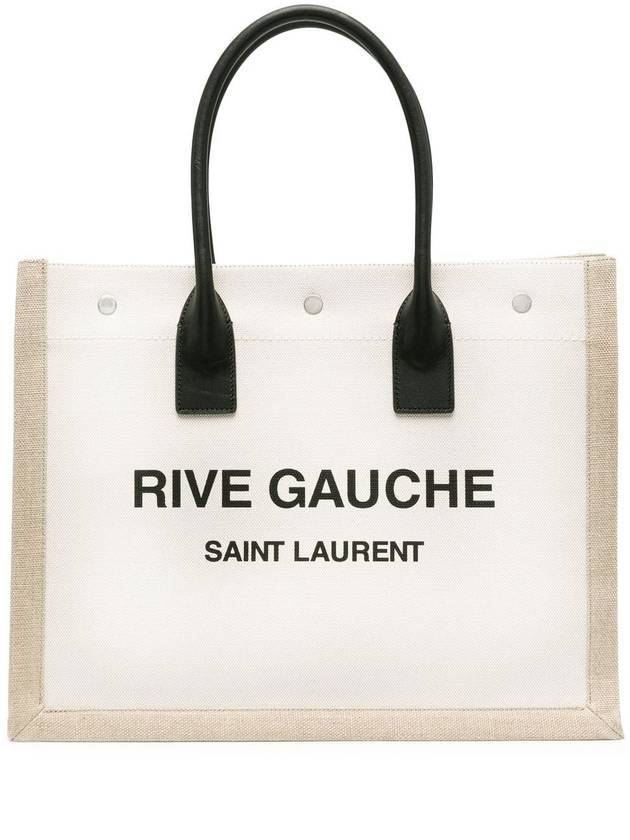Luxury Saint Laurent Trending 2025 Rive Gauche Logo Linen Leather Small Tote Bag Beige
