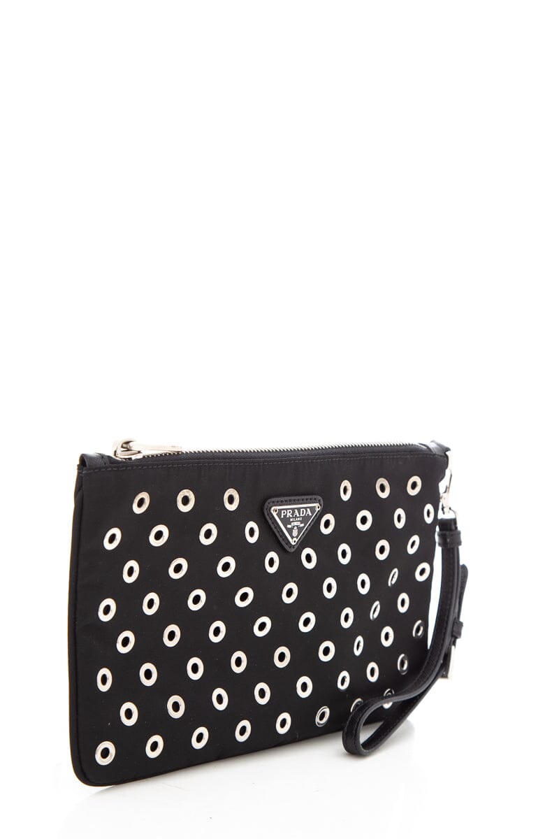 Prada Black & Silver Grommet Studded Pouch Luxury Handbag