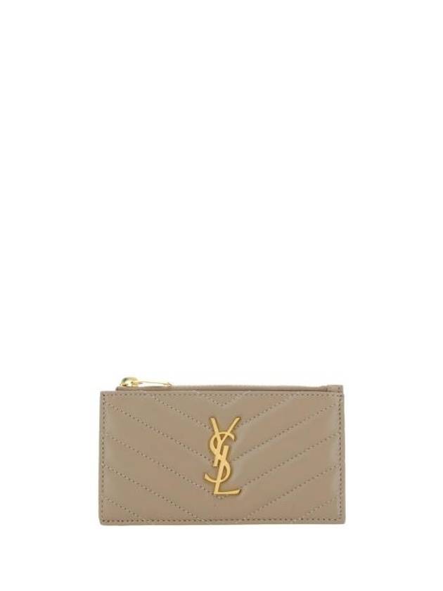 Luxury Saint Laurent Trending 2026 Monogram Logo Plaque Zip-Up Card Wallet Dusty Grey