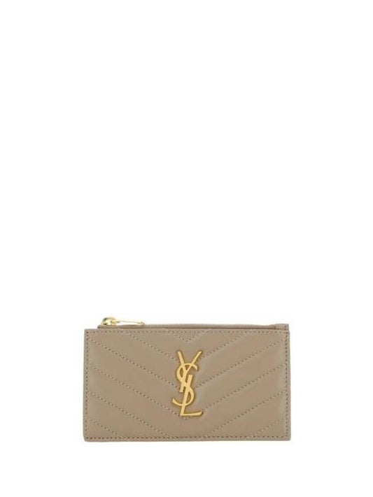 Luxury Saint Laurent Trending 2026 Monogram Logo Plaque Zip-Up Card Wallet Dusty Grey