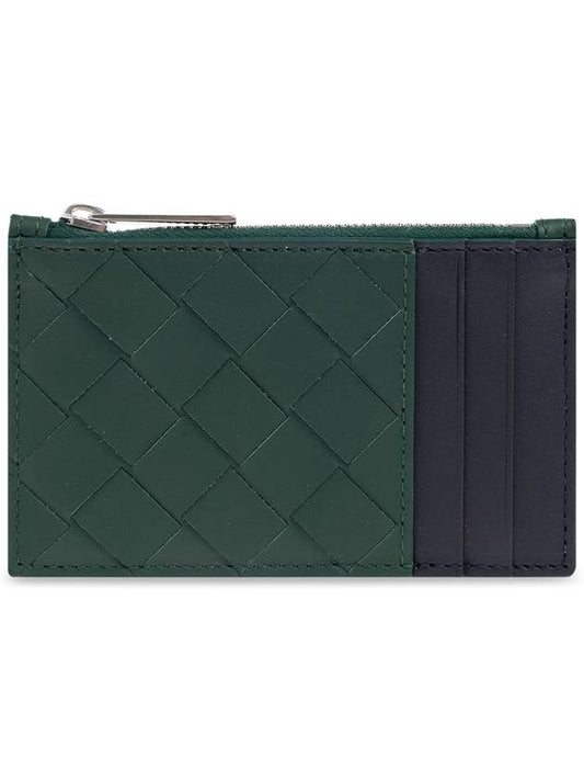 Luxury Bottega Veneta Intrecciato Zippered Leather Card Wallet Dark Green Navy