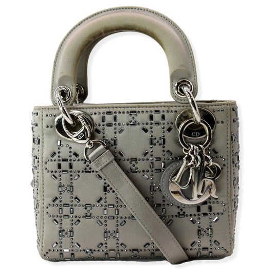 CHRISTIAN DIOR Mini Lady Dior Crystal Embellished Satin Shoulder Bag Gray